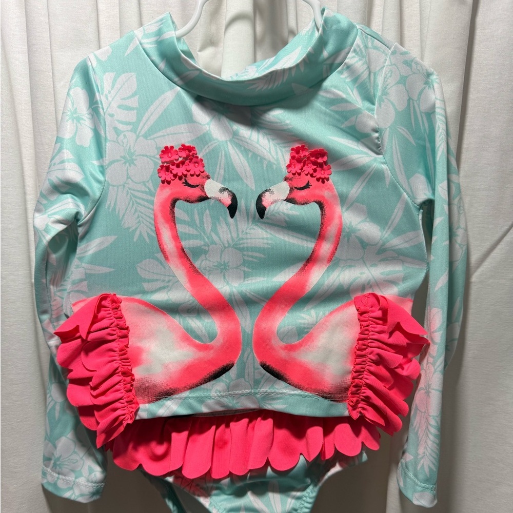 Penelope Mack Long Sleeve Swim Set with Pink Flamingo Print - Aqua/Pink